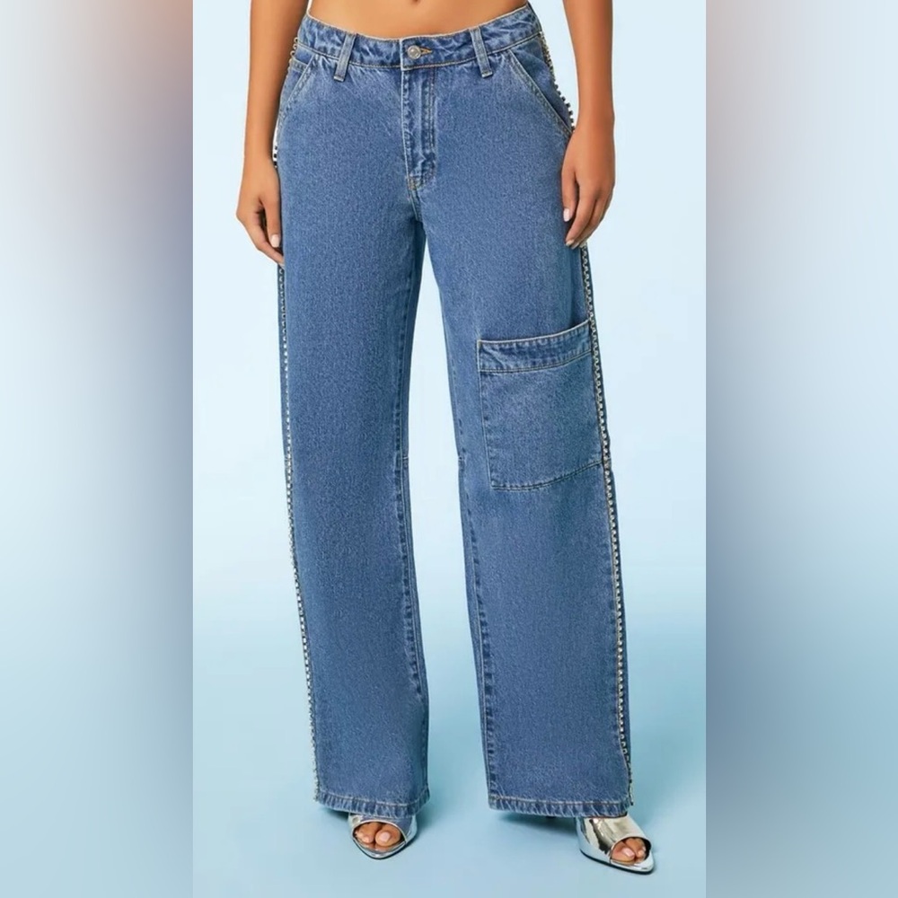 Jeans / Rhinestone-Trim Cargo Jeans